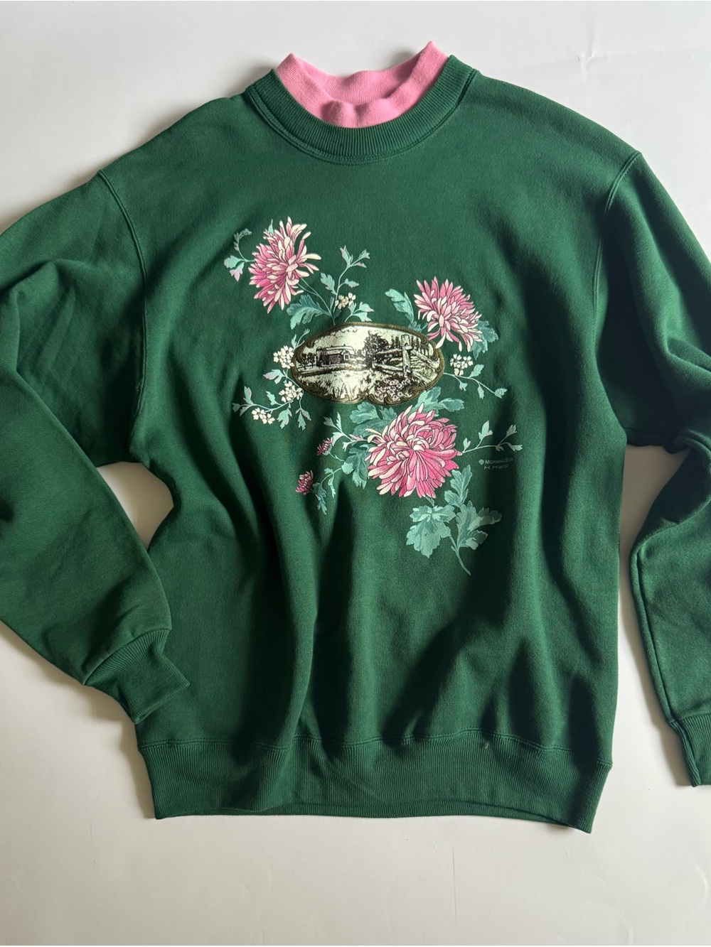 Vintage Morning Sun Floral Green and Pink Sweater Size Medium